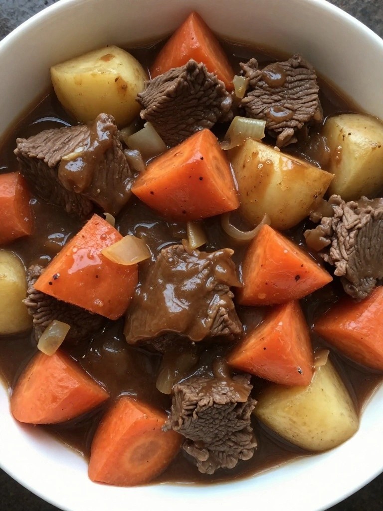 Stew with beef, carrots, and potatoes in brown gravy.