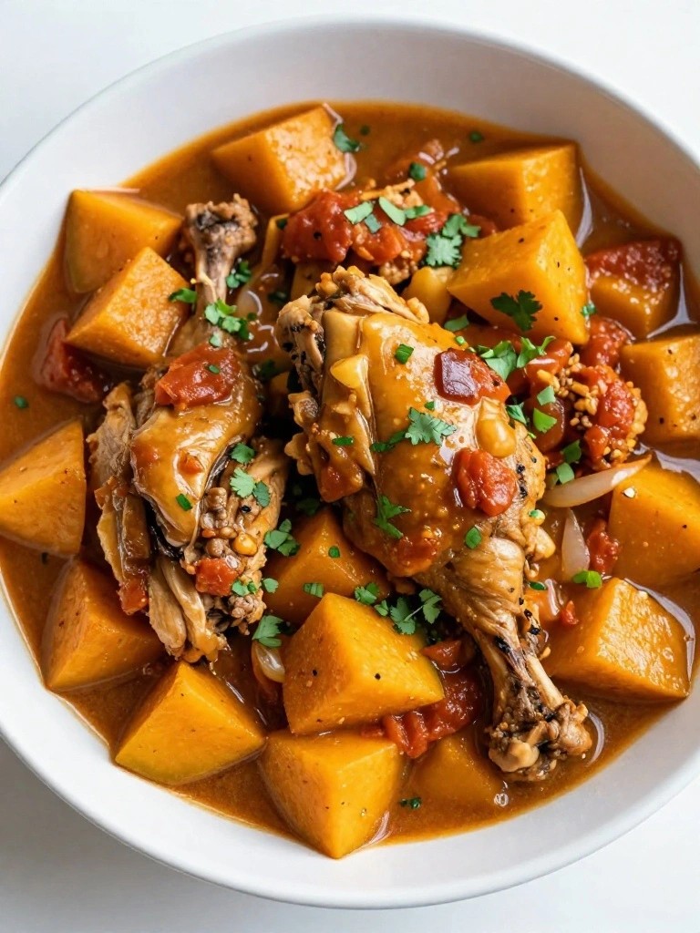 Steaming bowl of chicken stew with squash and tomatoes.