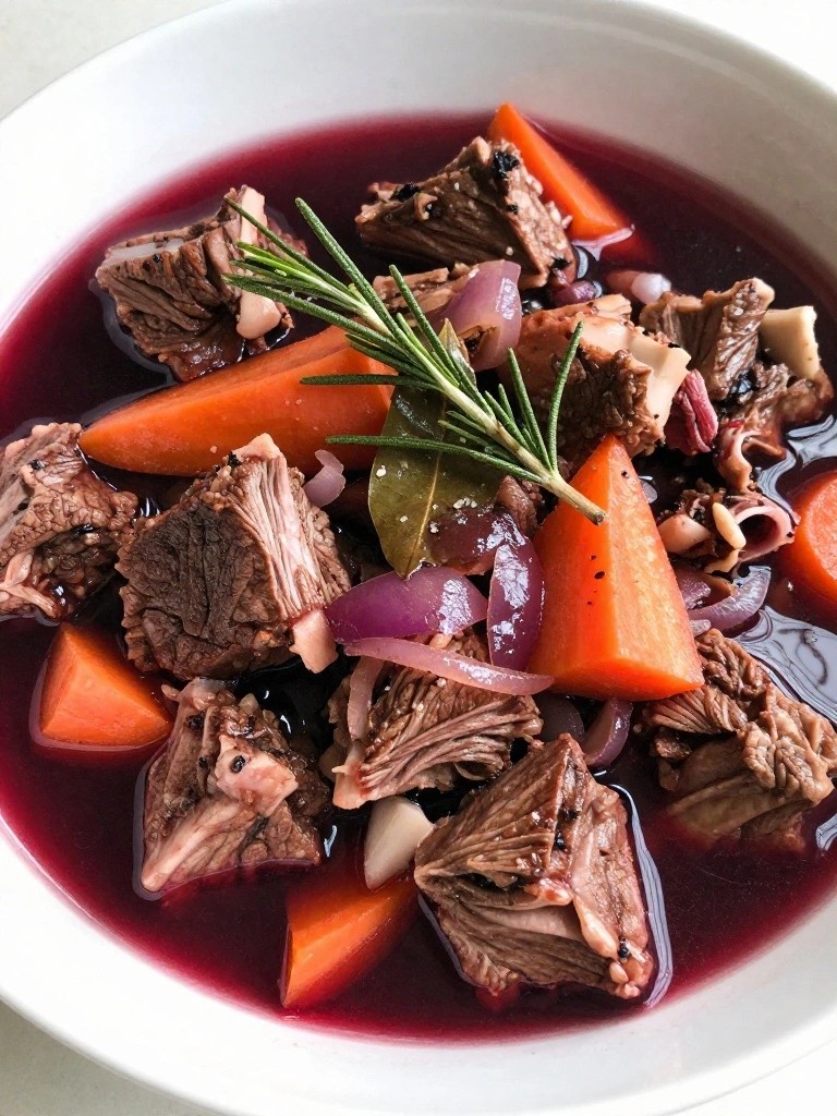 Beef stew with carrots, onions, and rosemary in purple broth.