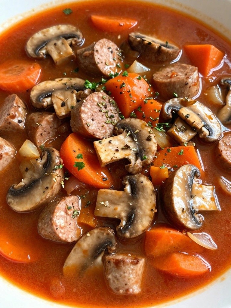 Hearty red soup with sausage slices, mushrooms, and carrots.
