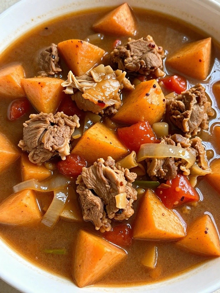 Steaming bowl of beef and sweet potato stew with tomatoes and onions.
