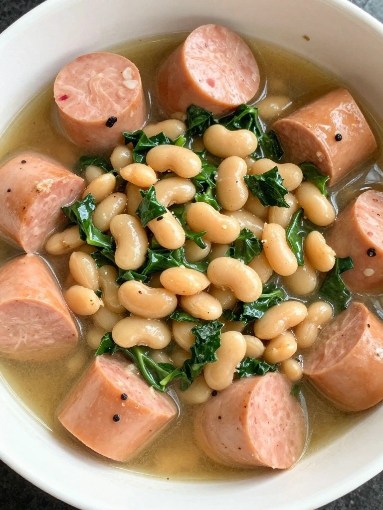 Bowl of sausage slices, white beans, and kale in broth.