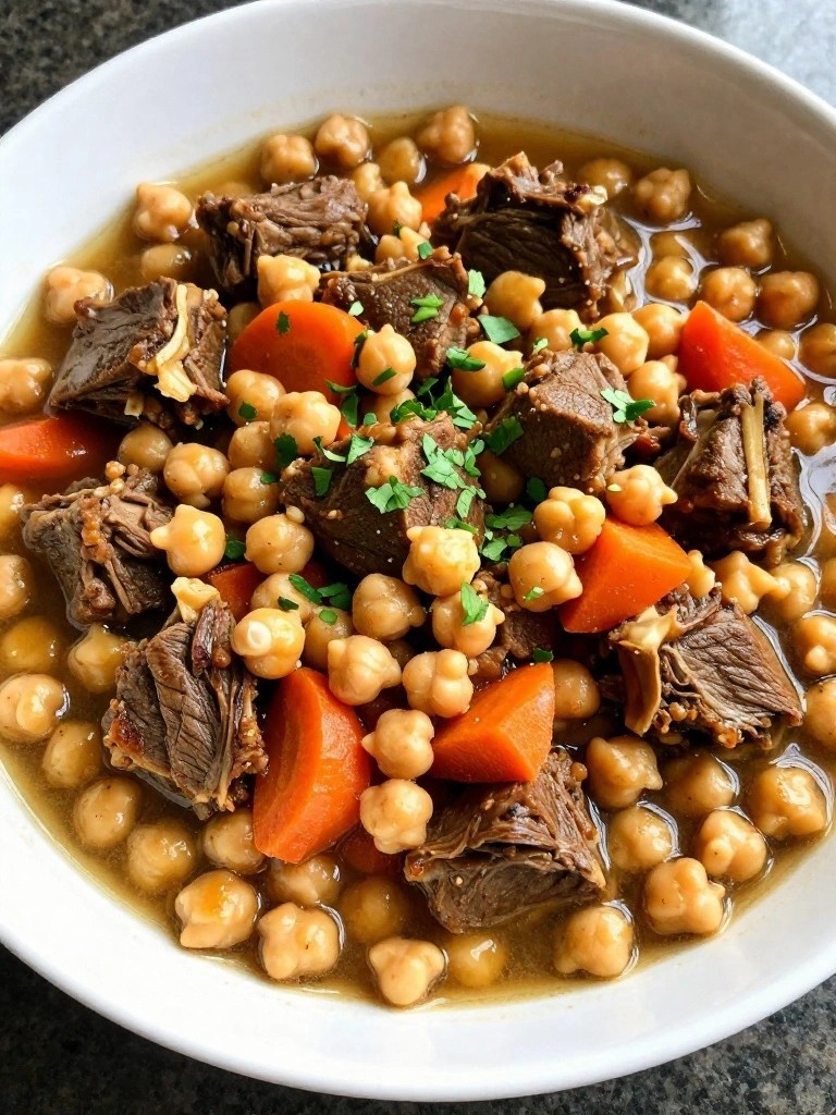 Bowl of hearty beef and chickpea stew with carrots and herbs.