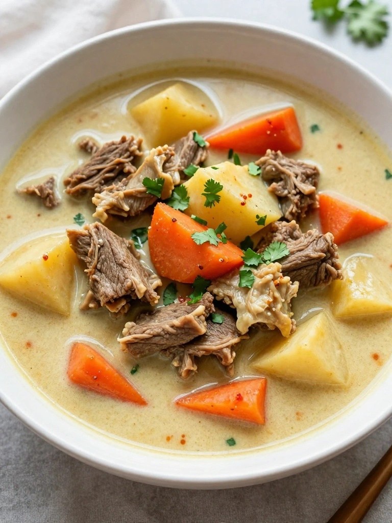 Creamy meat and vegetable stew in a white bowl with herbs.