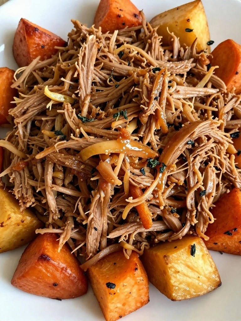 Slow Cooker Apple Cider Pulled Pork with Roasted Root Vegetables