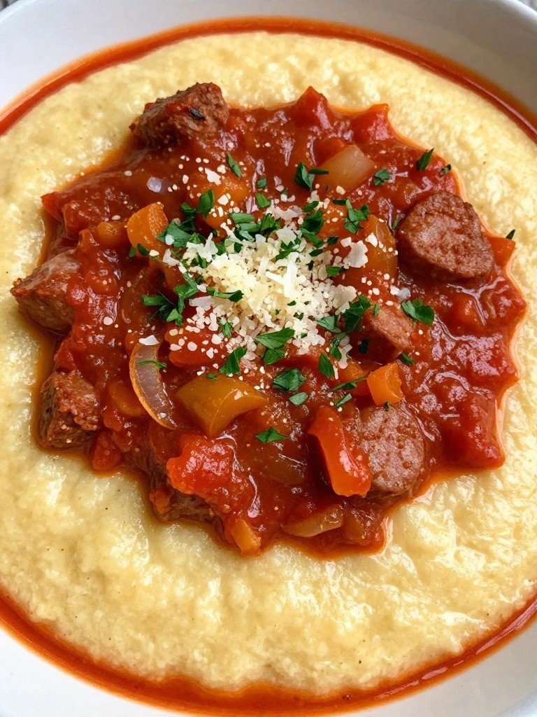 Slow Cooker Italian Sausage and Pepper Ragu over Polenta