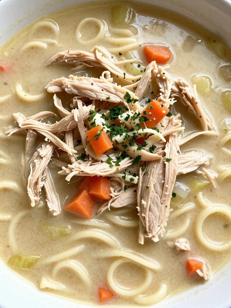 Creamy Chicken Noodle Soup with Wide Egg Noodles