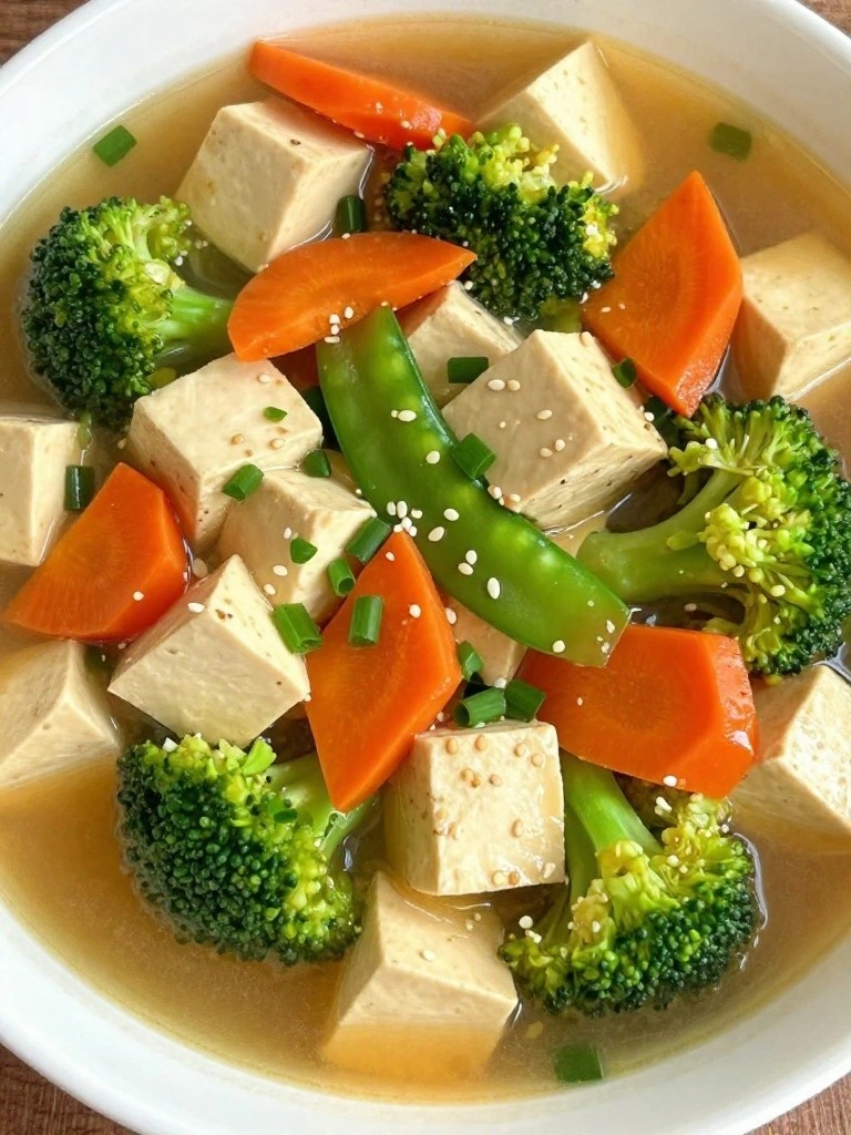 Tofu and vegetable soup with broccoli, carrots, and snow peas in broth.