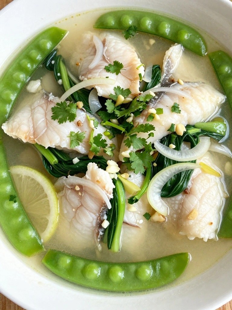 Clear broth with white fish, snow peas, greens, lemon slice, and herbs.
