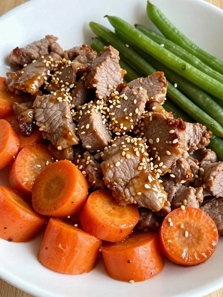 Glazed beef chunks with sesame seeds, sliced carrots, and green beans.