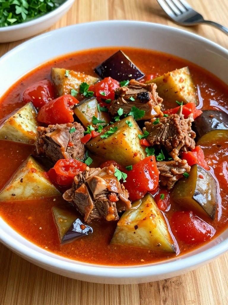 Steaming bowl of beef and vegetable stew with eggplant and tomatoes.