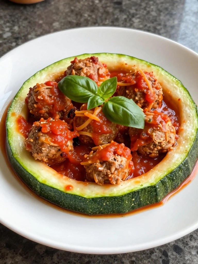 Meatballs in red sauce inside a hollowed zucchini, garnished with basil.