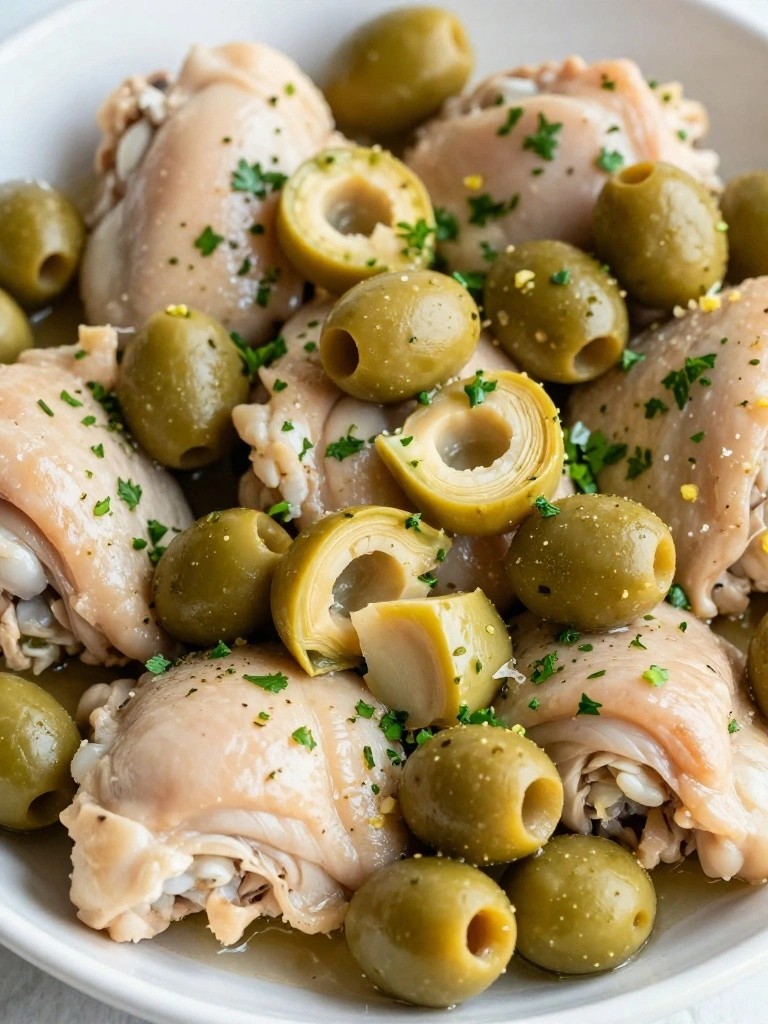 Chicken thighs and sliced olives in herb sauce.