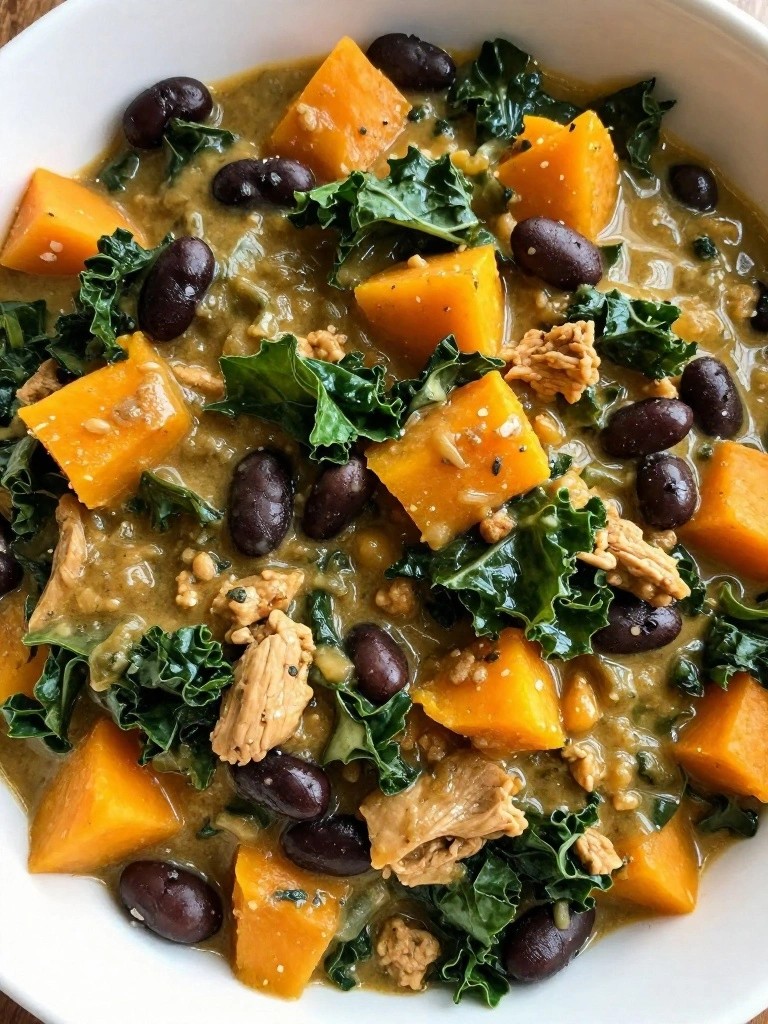 Bowl of kale, sweet potato, black bean, and chicken stew.