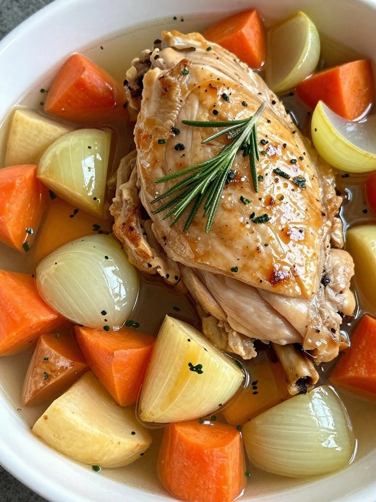 Chicken thigh in broth with carrots, onions, potatoes, and rosemary.