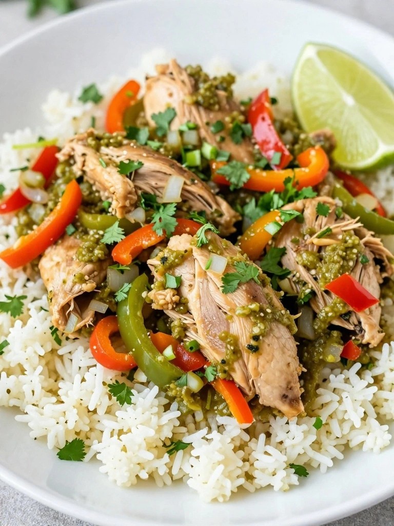 Shredded chicken with peppers over rice, topped with green sauce and cilantro.