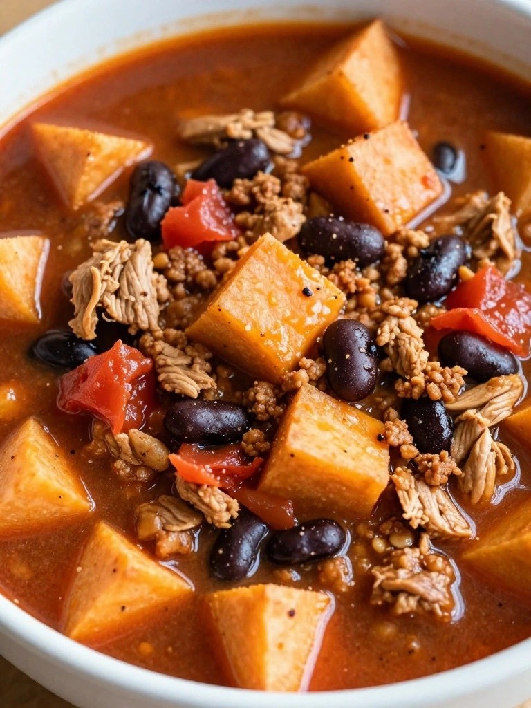 Bowl of chili with sweet potato, black beans, and ground meat.