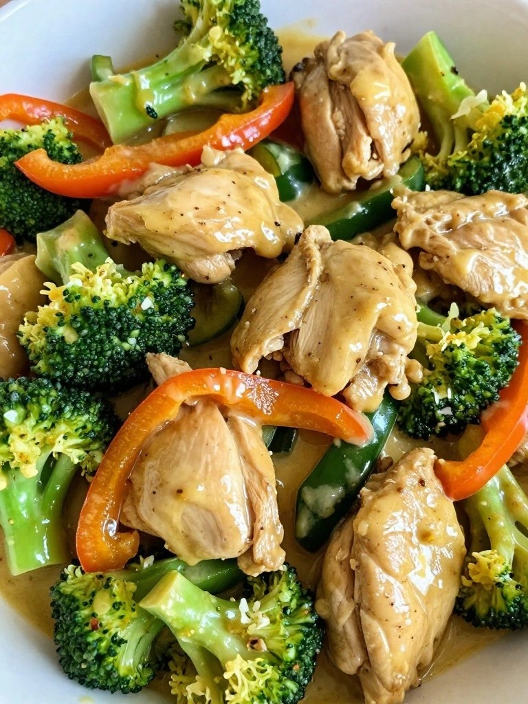 Stir-fried chicken and vegetables in glossy brown sauce.