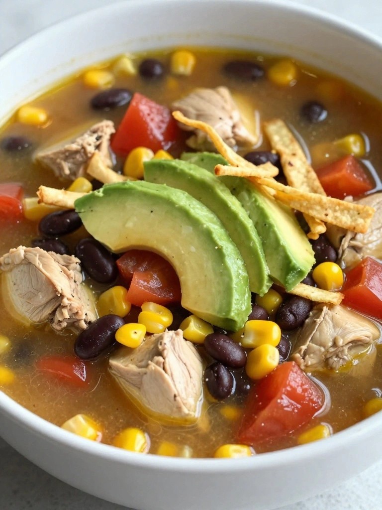 Crockpot Chicken Tortilla Soup with Avocado
