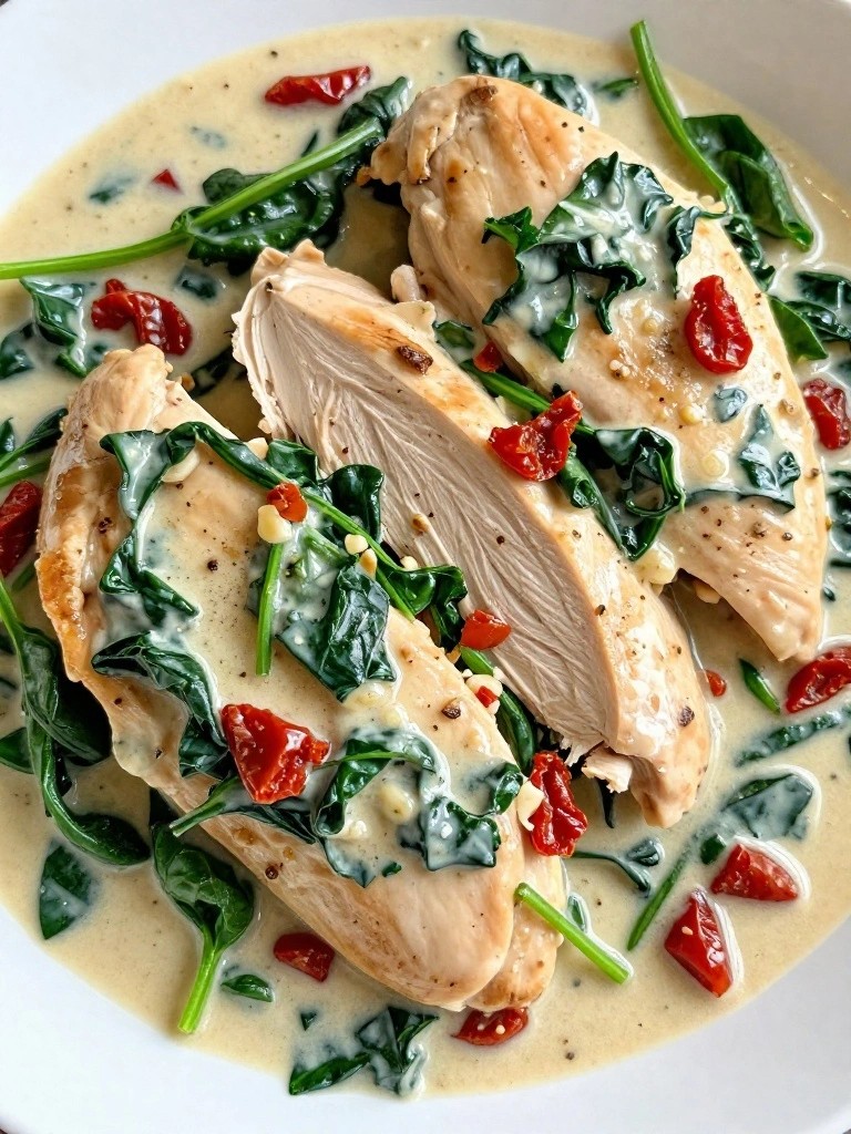Creamy chicken slices with spinach and sun-dried tomatoes in sauce.