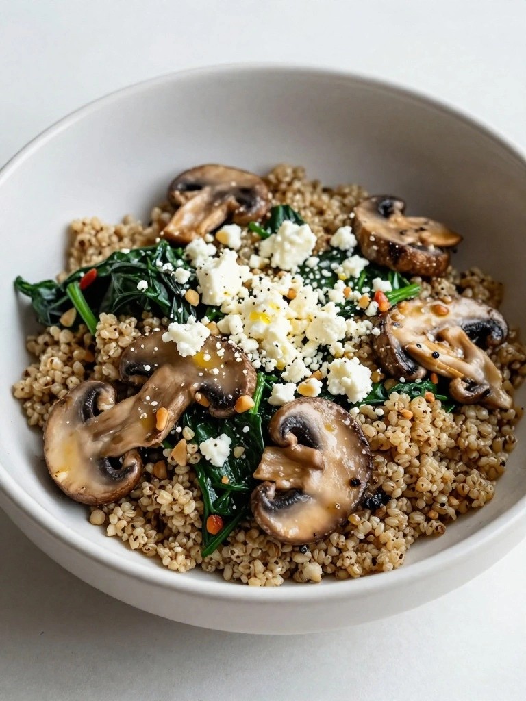 Garlic Mushroom and Spinach Quinoa Bowl with Feta