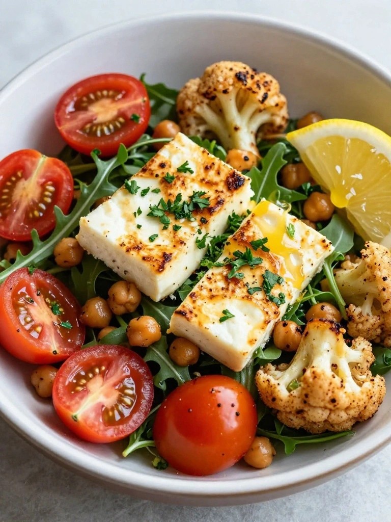 Spiced Cauliflower and Chickpea Salad with Grilled Halloumi