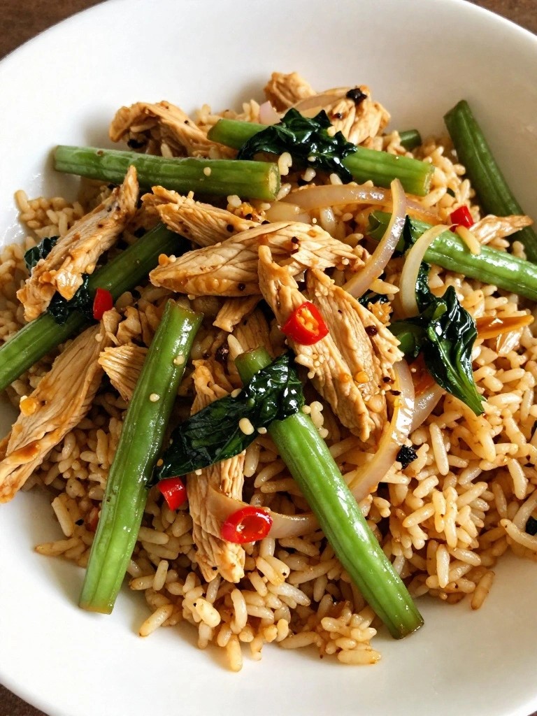 Thai Basil Chicken Stir-Fry with Brown Rice and Green Beans