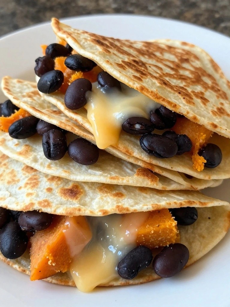 Stacked quesadillas filled with melted cheese, black beans, and sweet potato.