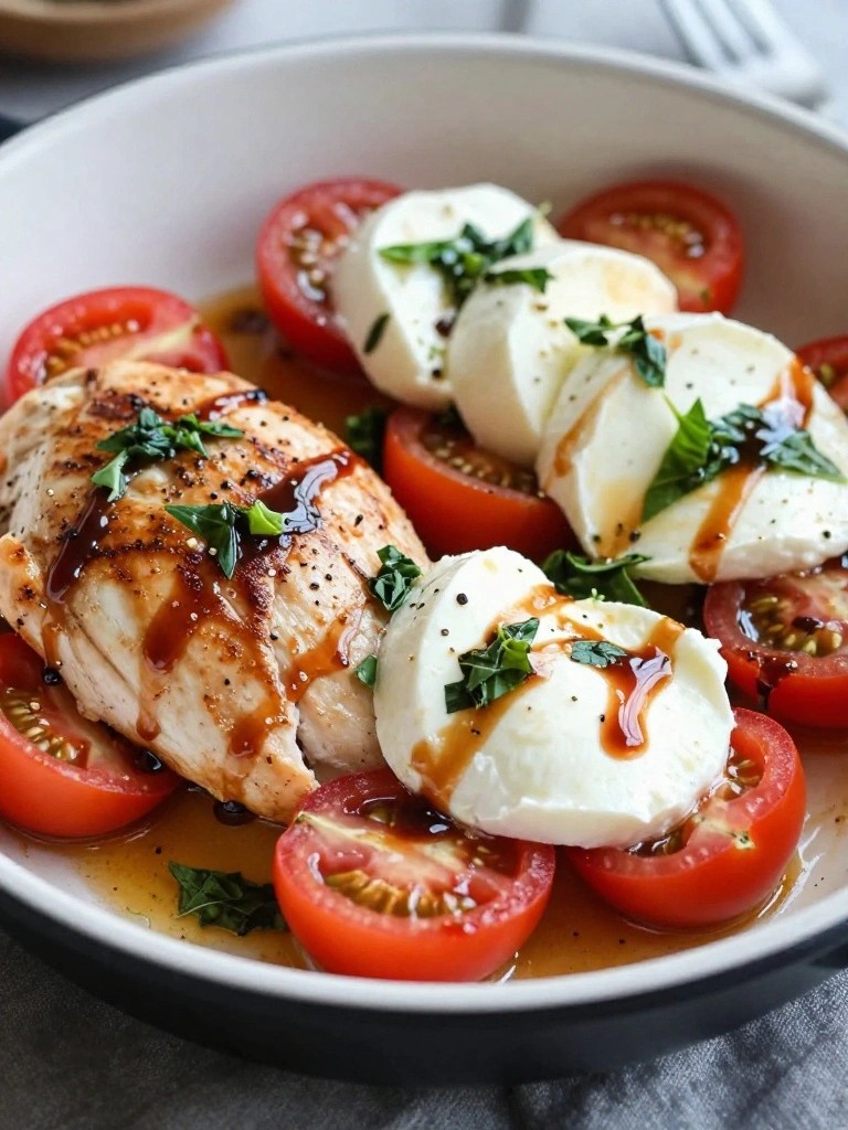 Grilled chicken with mozzarella, tomatoes, basil, and balsamic glaze.