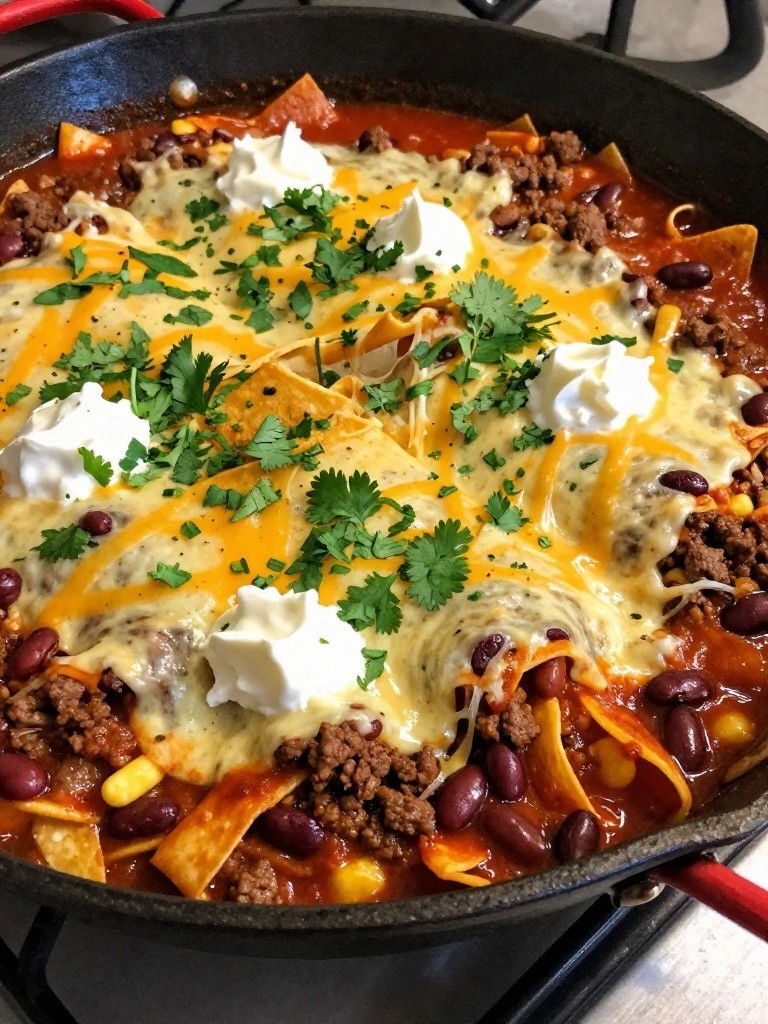 Cheesy beef and bean nachos topped with sour cream and cilantro in skillet.