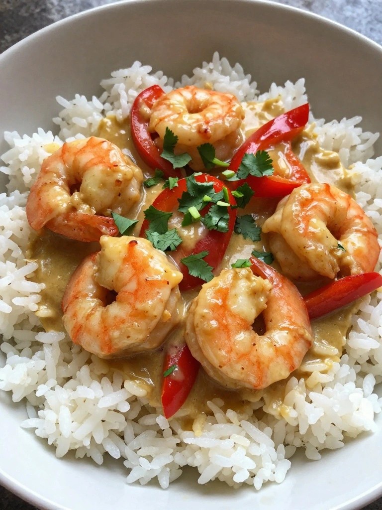 Shrimp in creamy curry sauce over rice with red peppers.