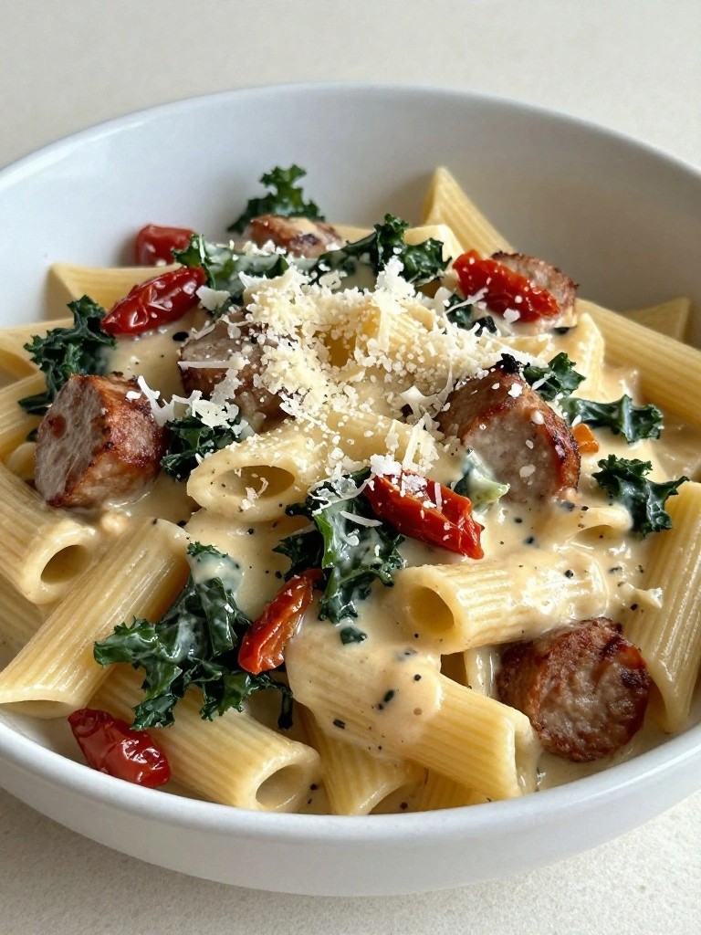 Creamy rigatoni with sausage, kale, sun-dried tomatoes, and parmesan.
