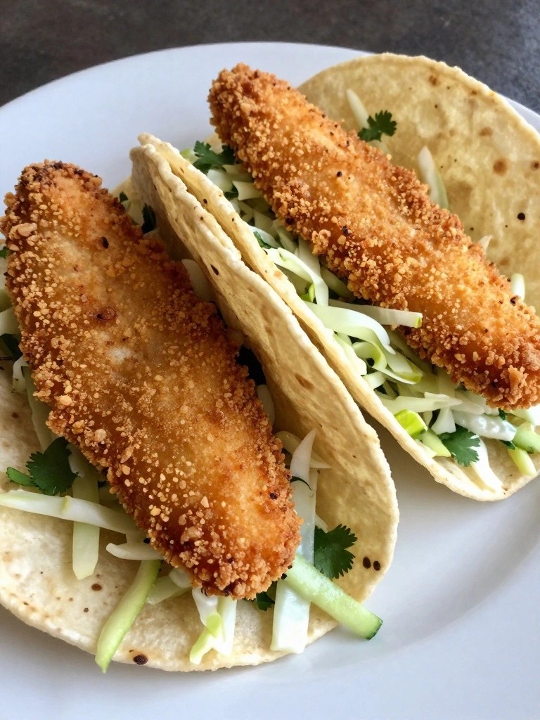 Crispy fish tacos with shredded cabbage and cilantro on a white plate.