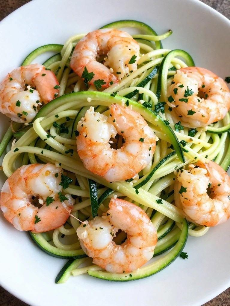 Shrimp and zucchini noodles garnished with parsley in a white bowl.