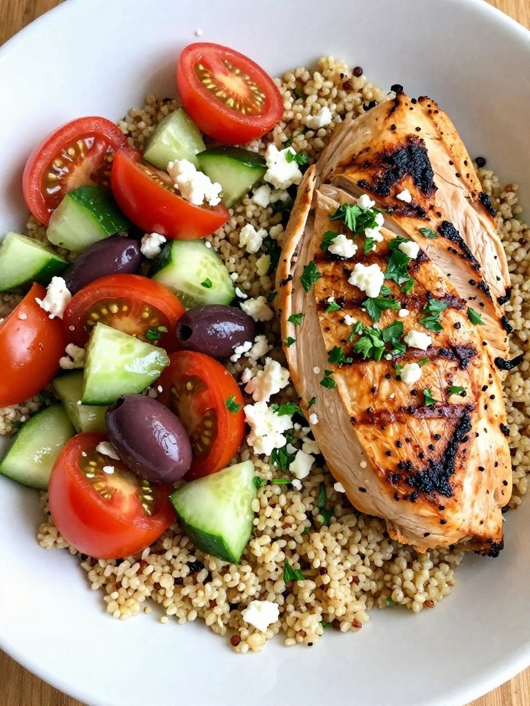 Grilled chicken with tomatoes, cucumber, olives, and feta on couscous.