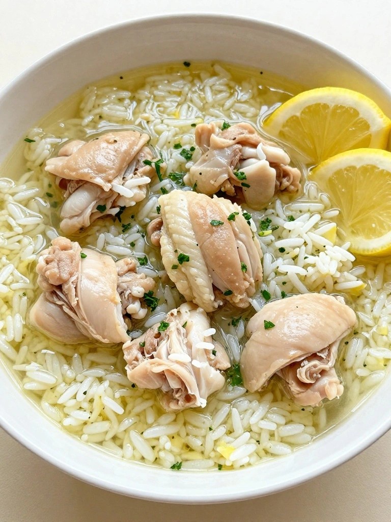 Lemon chicken rice soup with parsley in a white bowl.