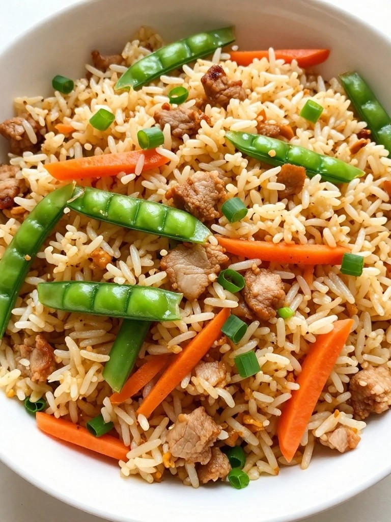 Fried rice with pork, snap peas, carrots, and green onions.