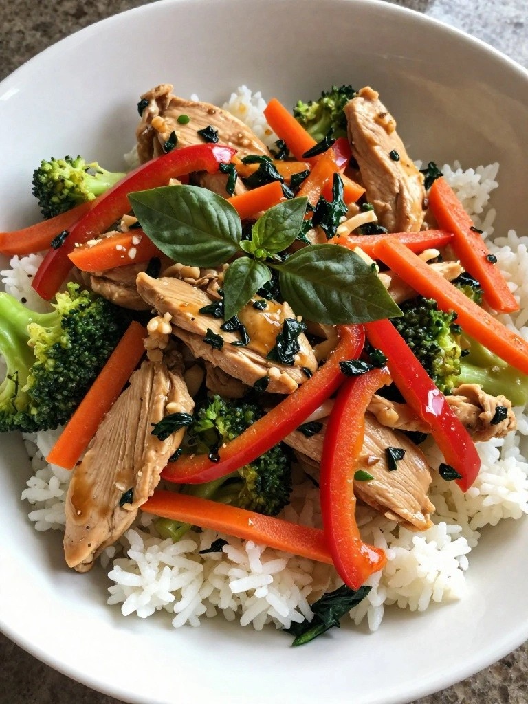 Stir-fried chicken, broccoli, carrots, and peppers over white rice.