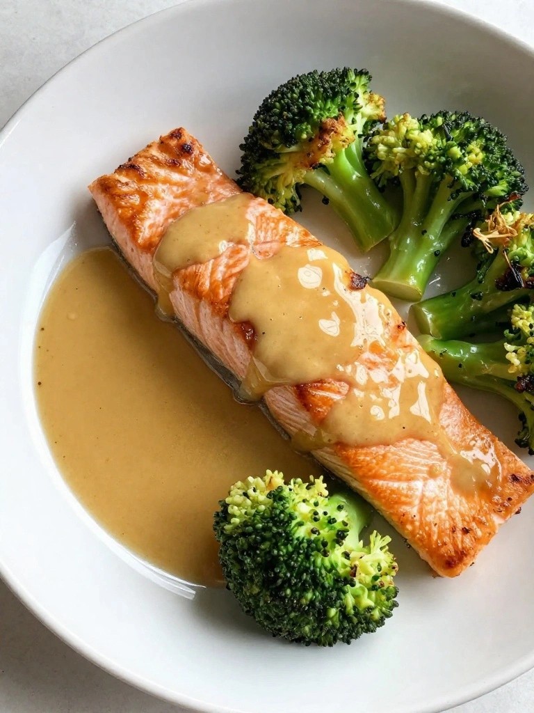 Seared salmon fillet glazed with creamy sauce, served with roasted broccoli florets.