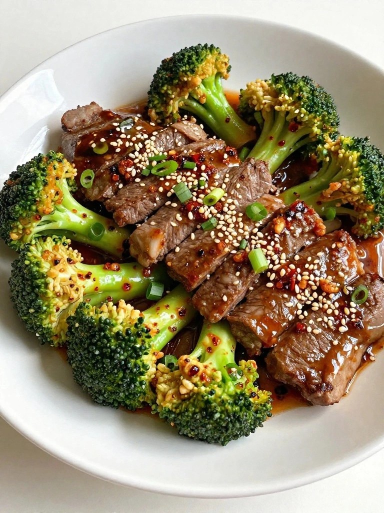 Sliced beef and broccoli in glossy sauce, garnished with sesame seeds and green onions.