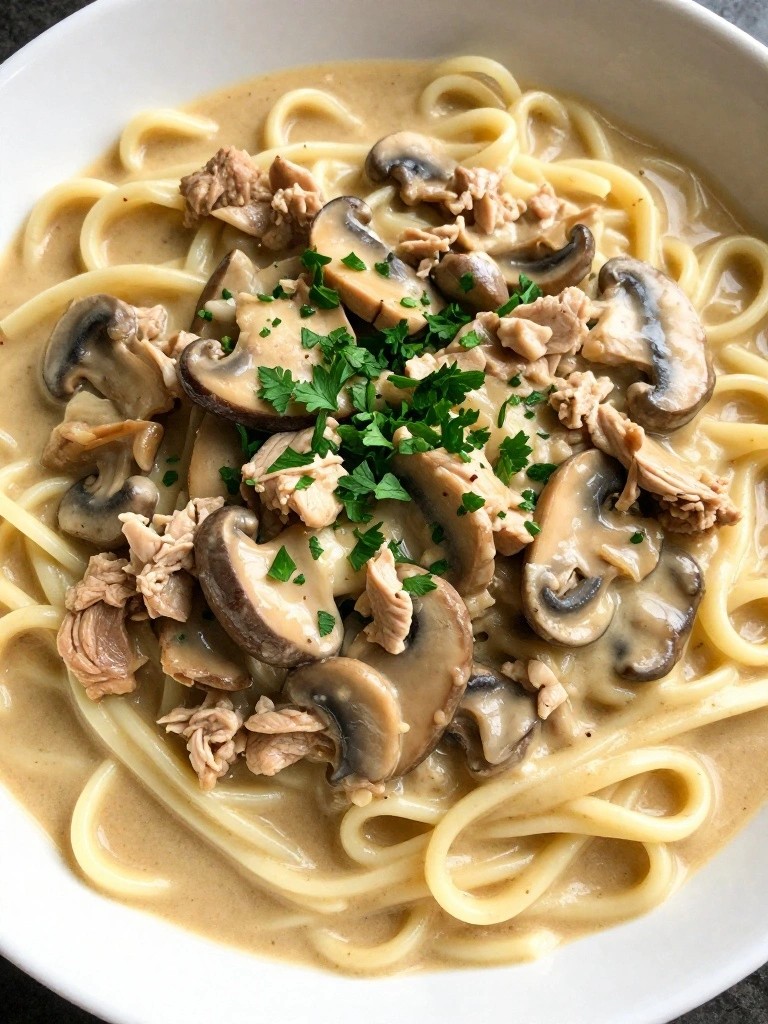 Creamy mushroom and chicken fettuccine pasta garnished with fresh parsley.