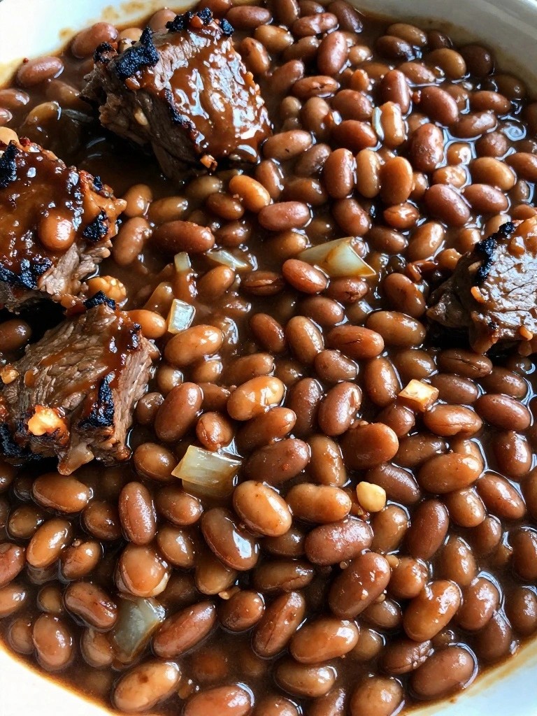 Bowl of glossy pinto beans with charred meat chunks and onion.