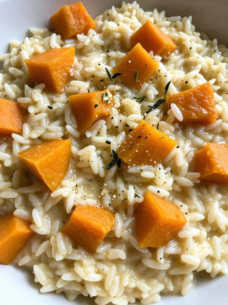 Creamy risotto topped with roasted butternut squash cubes and herbs.