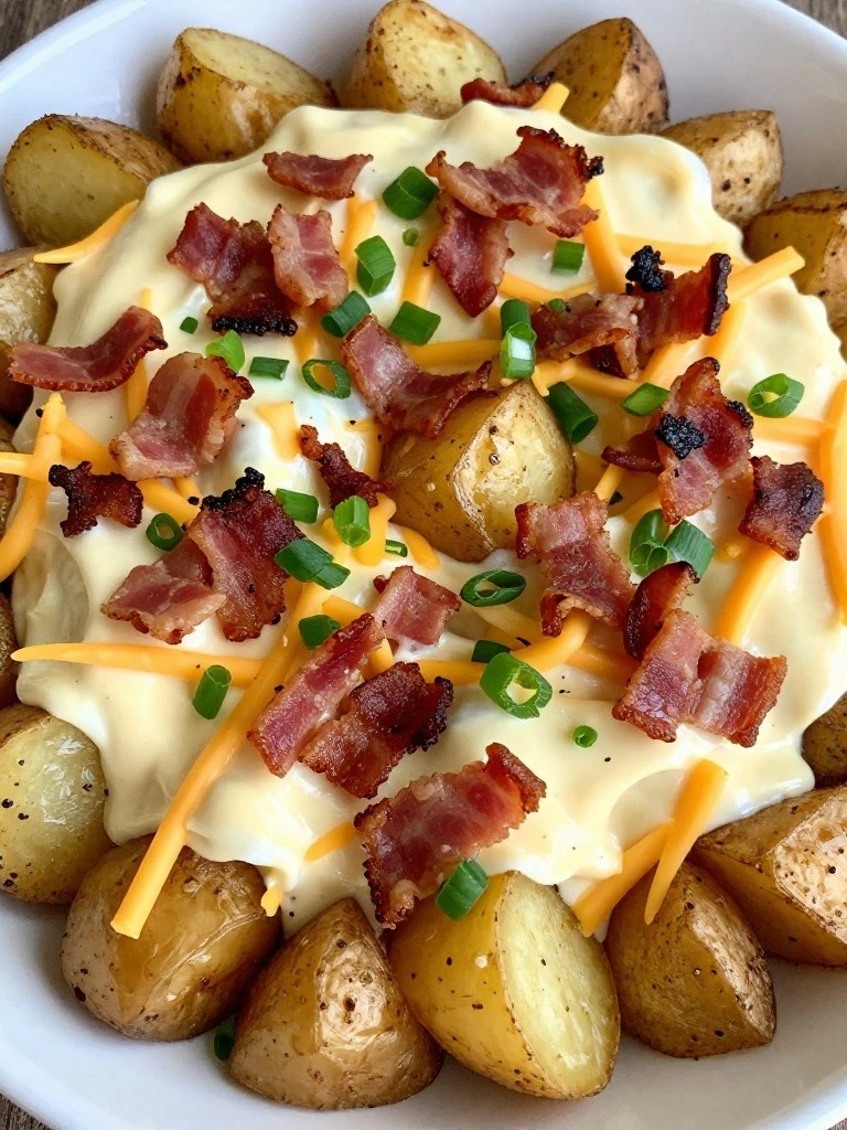 Creamy cheese sauce over roasted potatoes with bacon and green onions.