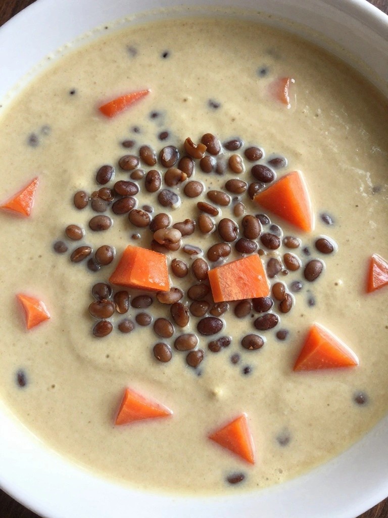 Creamy lentil soup topped with diced carrots in a white bowl.