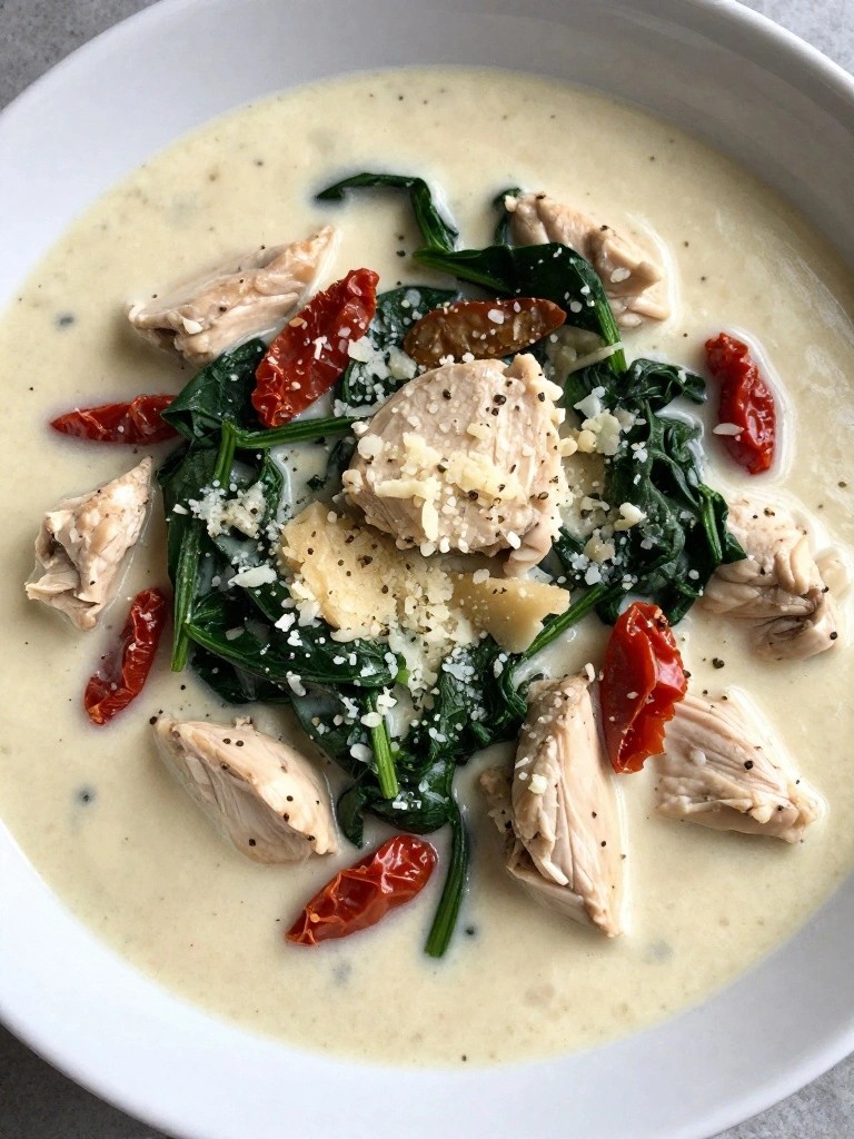 Creamy chicken soup with spinach, sun-dried tomatoes, and cheese.