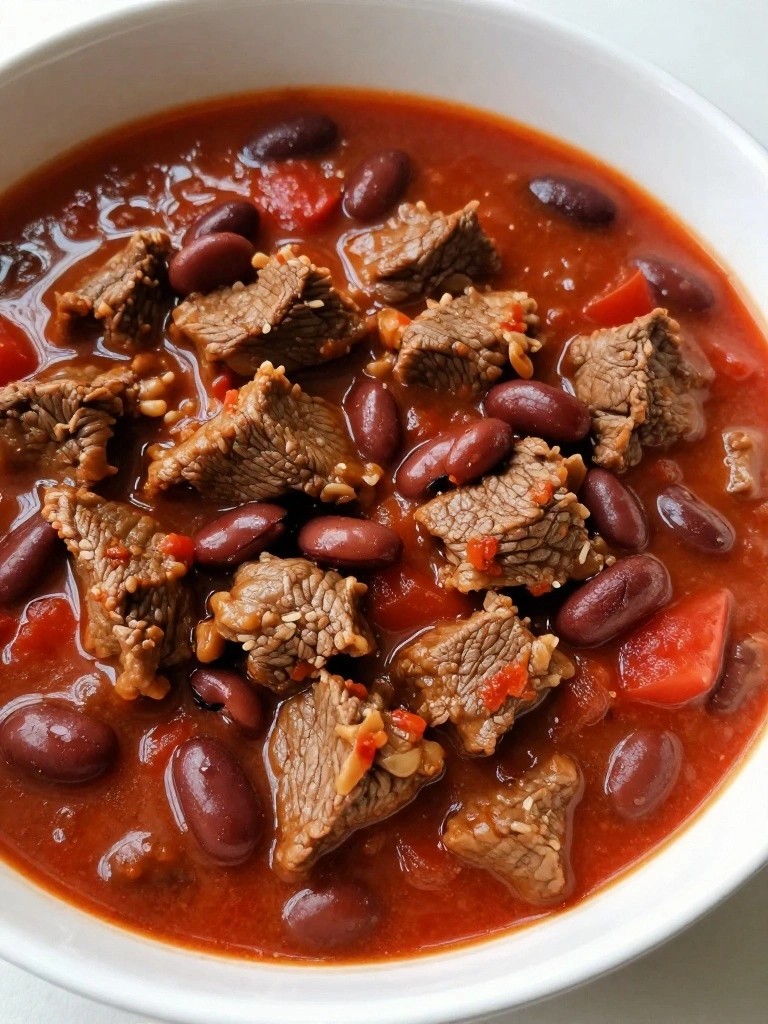 Steaming bowl of beef and red bean chili in rich tomato sauce.