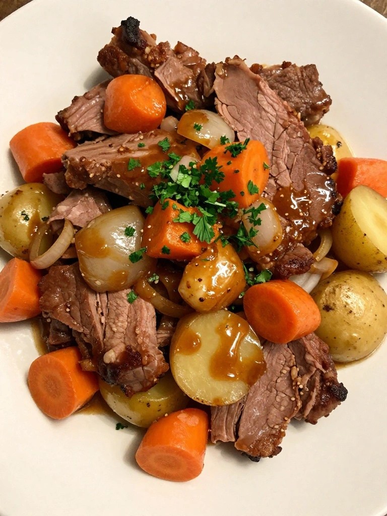 Sliced pot roast with carrots, potatoes, and onions in gravy.