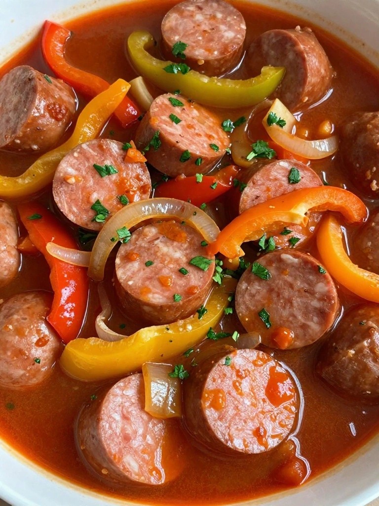 Sliced sausage and colorful peppers in thick red stew.