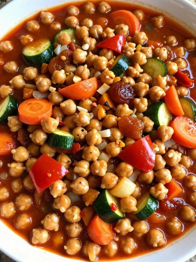 Chickpea vegetable stew with carrots, zucchini, and red peppers in tomato sauce.